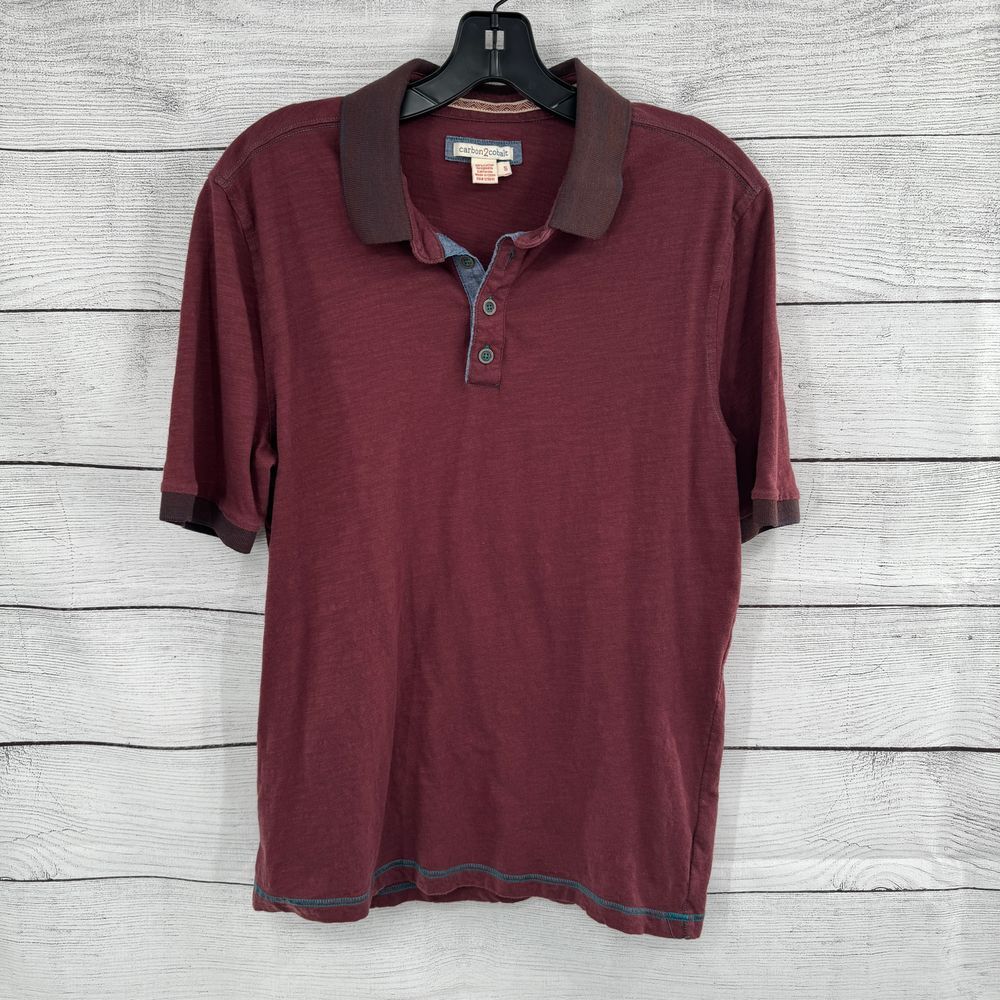 Carbon 2 Cobalt Mens Small‎ Burgundy Polo Shirt with Contrast Chambray Details